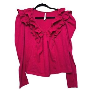 Anthropologie Shirt Womens L Long Sleeve Ruffle V Neck Pink 100% cotton cute